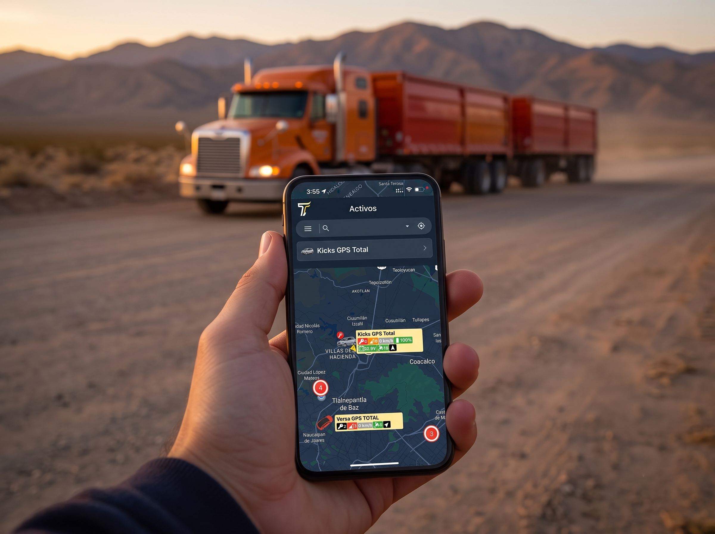 App móvil GPS Total — mapa con vehículos activos en tiempo real