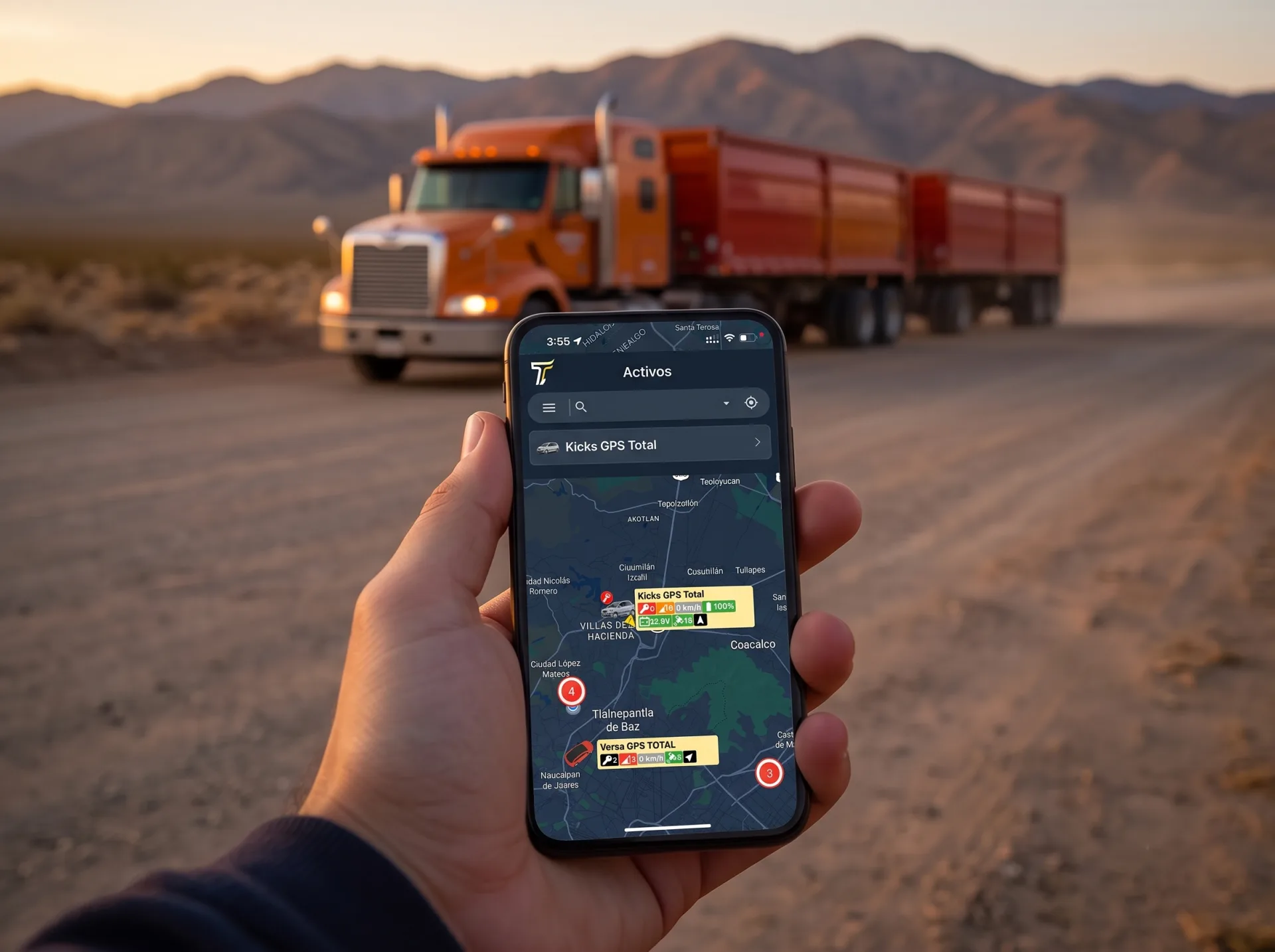 App móvil GPS Total — mapa con vehículos activos en tiempo real