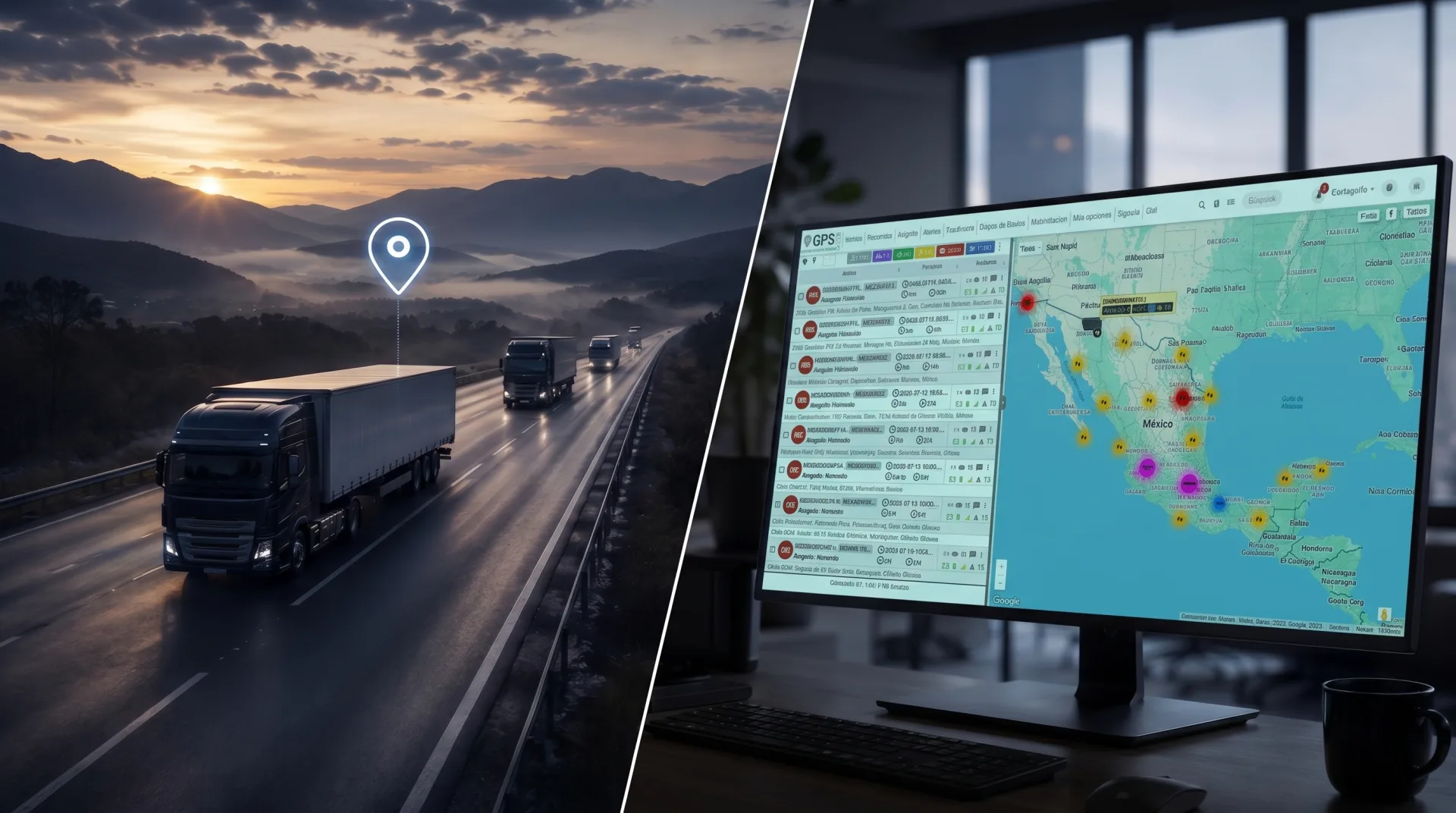 Plataforma GPS Total — mapa con flotas activas, alertas y panel de reportes
